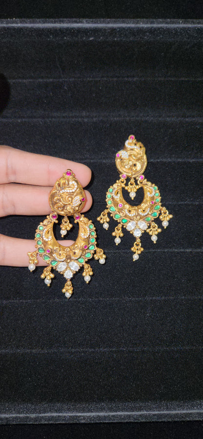 92.5 Silver Nakshi Peacock Green Kundan Chandbalis
