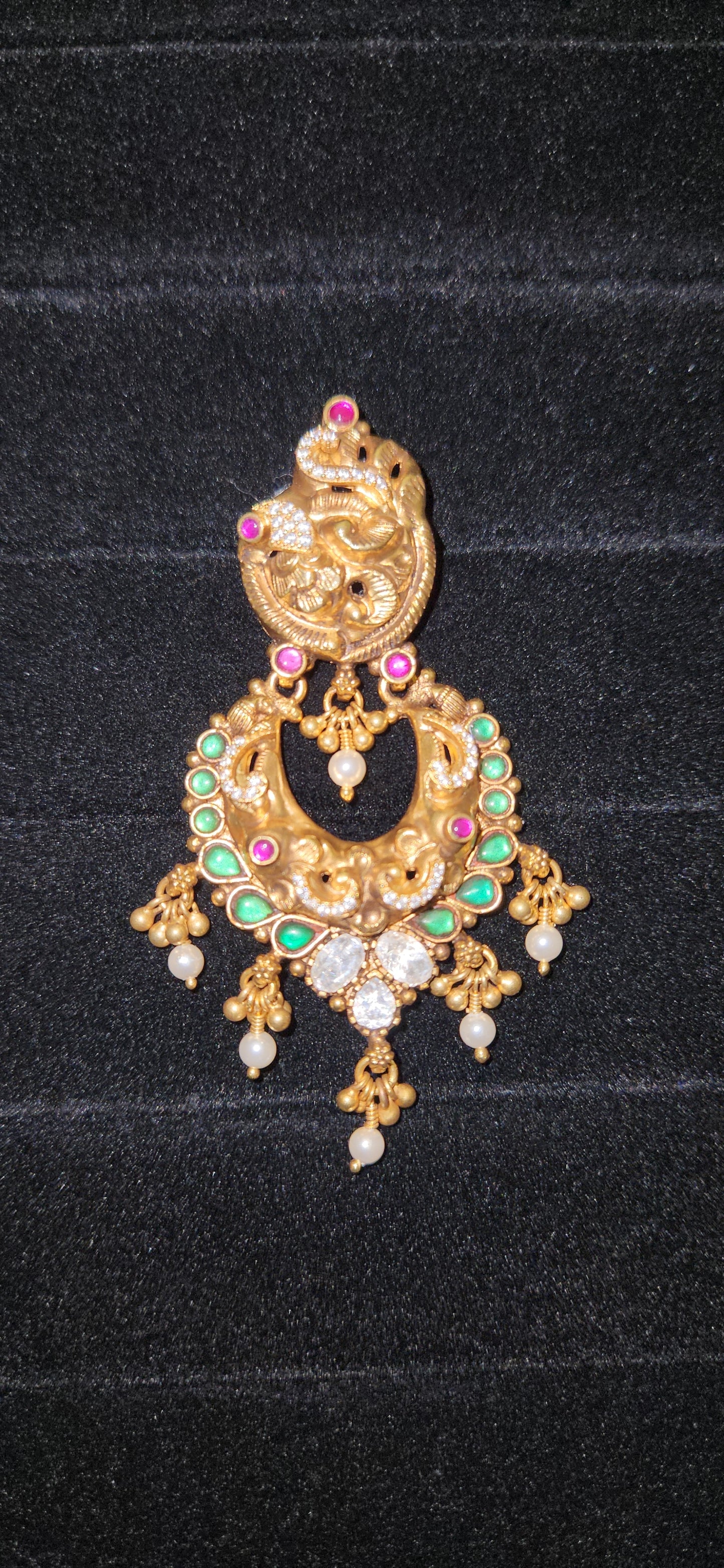92.5 Silver Nakshi Peacock Green Kundan Chandbalis