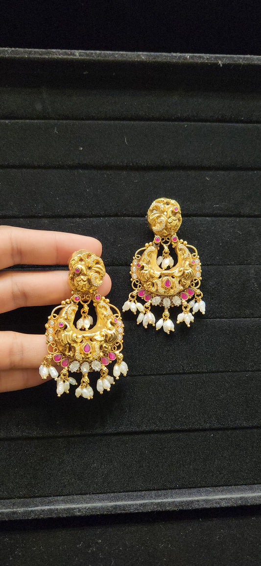 92.5 Silver Pink Kundan Chandbali Earrings