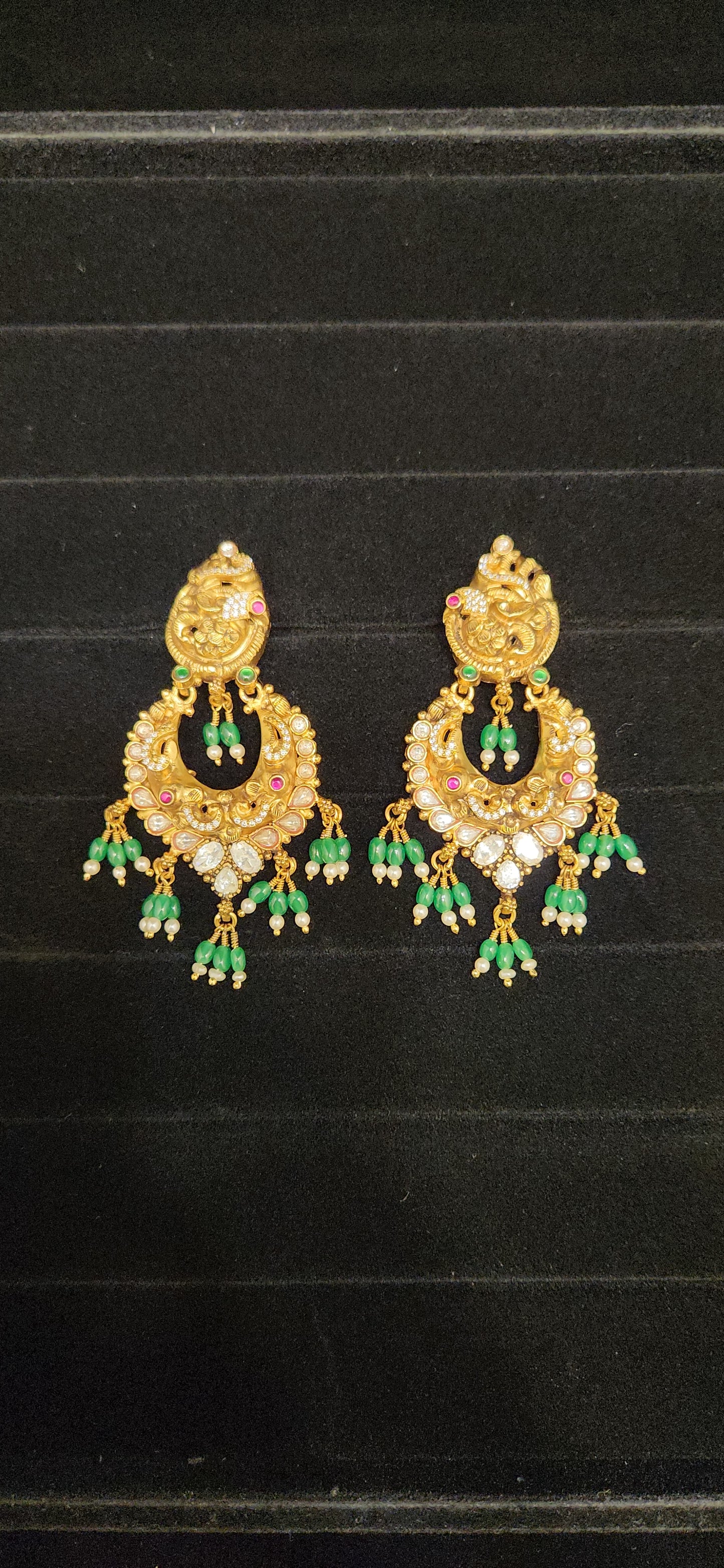 92.5 Silver White Kundan Peacock Chandbali Earrings