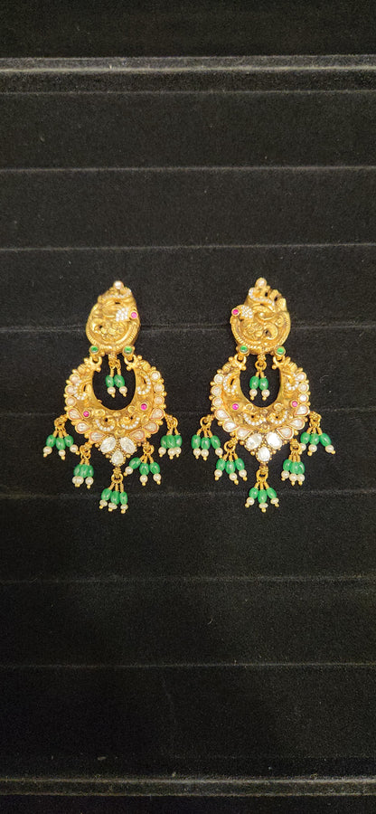 92.5 Silver White Kundan Peacock Chandbali Earrings