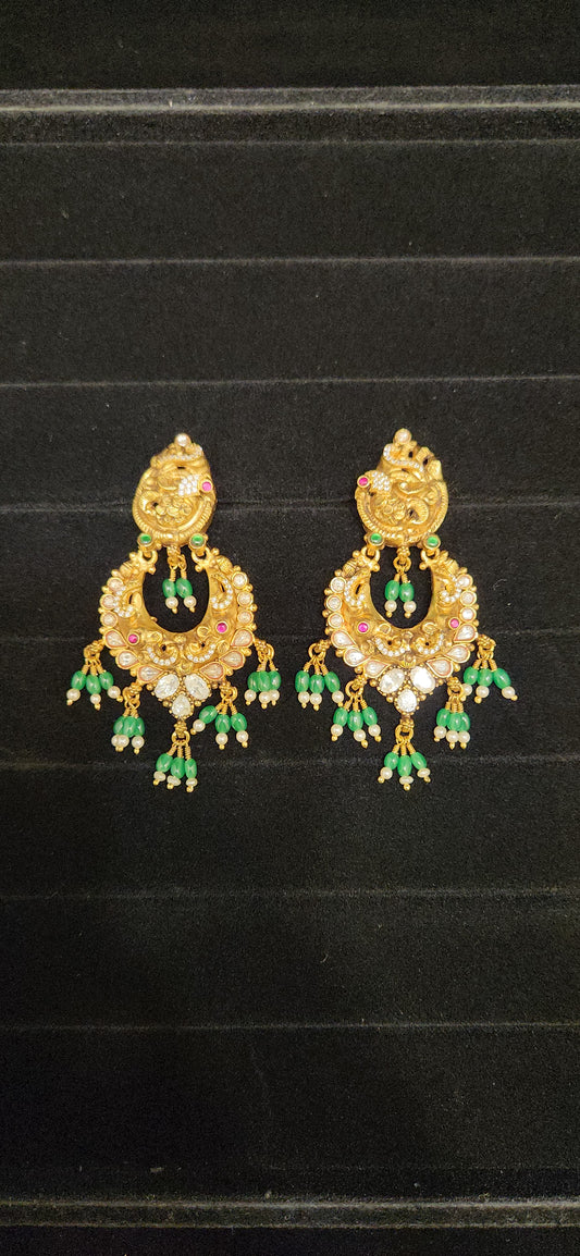 92.5 Silver White Kundan Peacock Chandbali Earrings