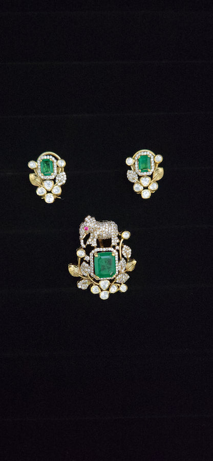 92.5 Silver CZ Elephant Designer Pendant with Studs