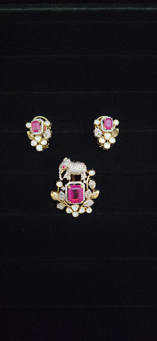 92.5 Silver CZ Elephant Designer Pendant with Studs