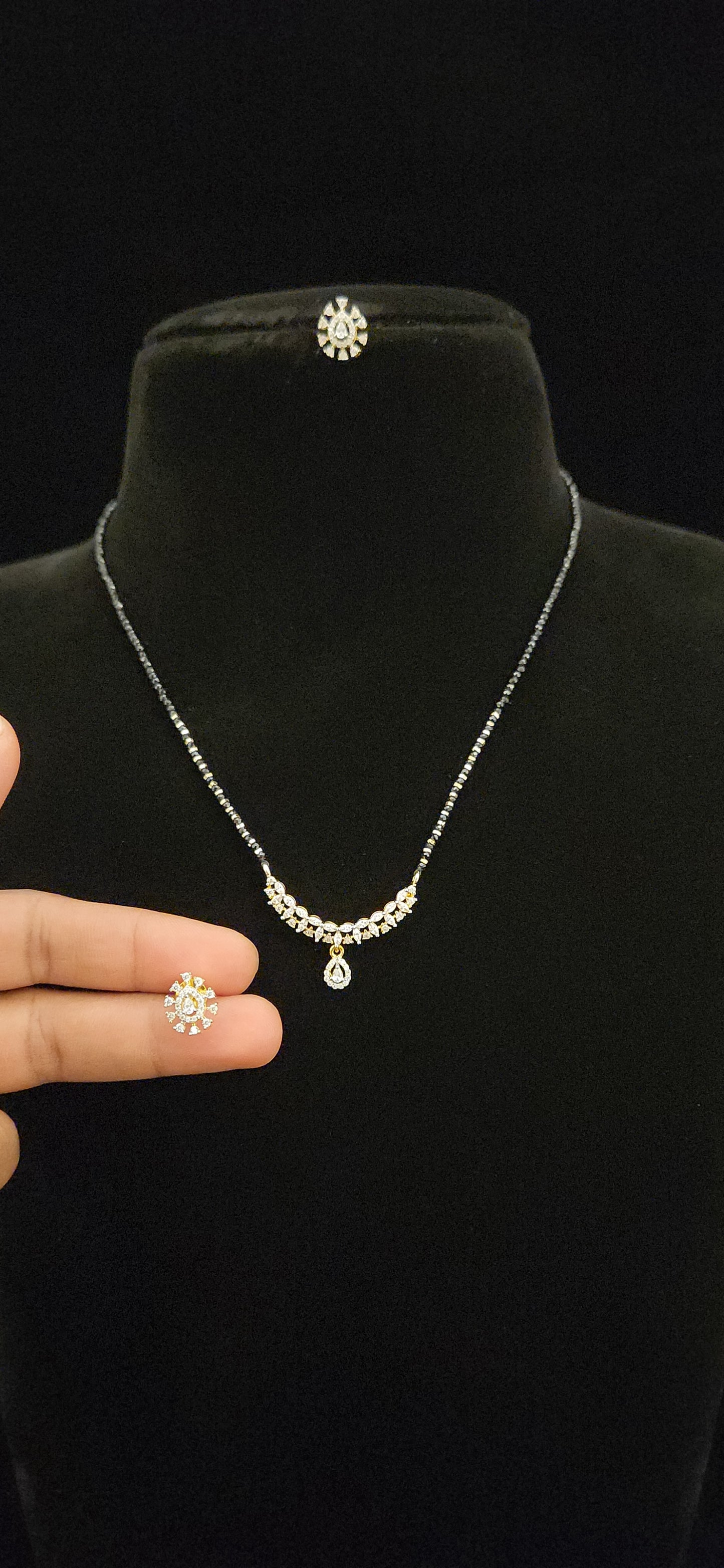 92.5 Silver Tear Drop CZ Pendant with Black Beads