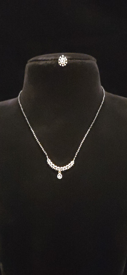 92.5 Silver Tear Drop CZ Pendant with Black Beads