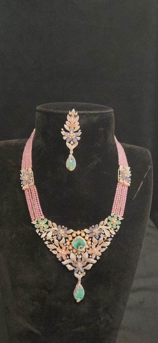 Luxurious Multicolor Floral Necklace Set with pink cz beads