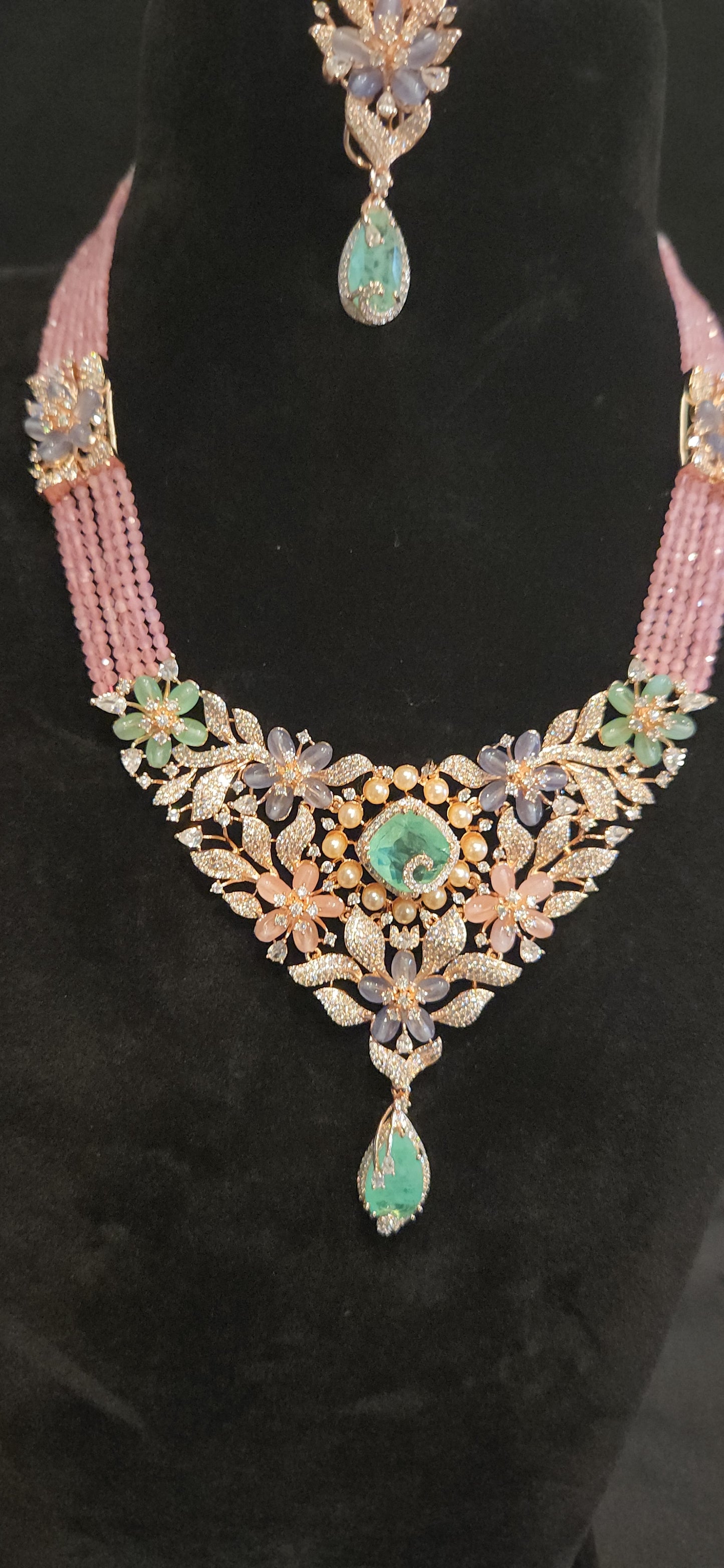 Luxurious Multicolor Floral Necklace Set with pink cz beads