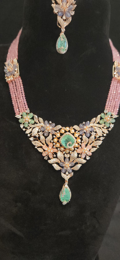 Luxurious Multicolor Floral Necklace Set with pink cz beads