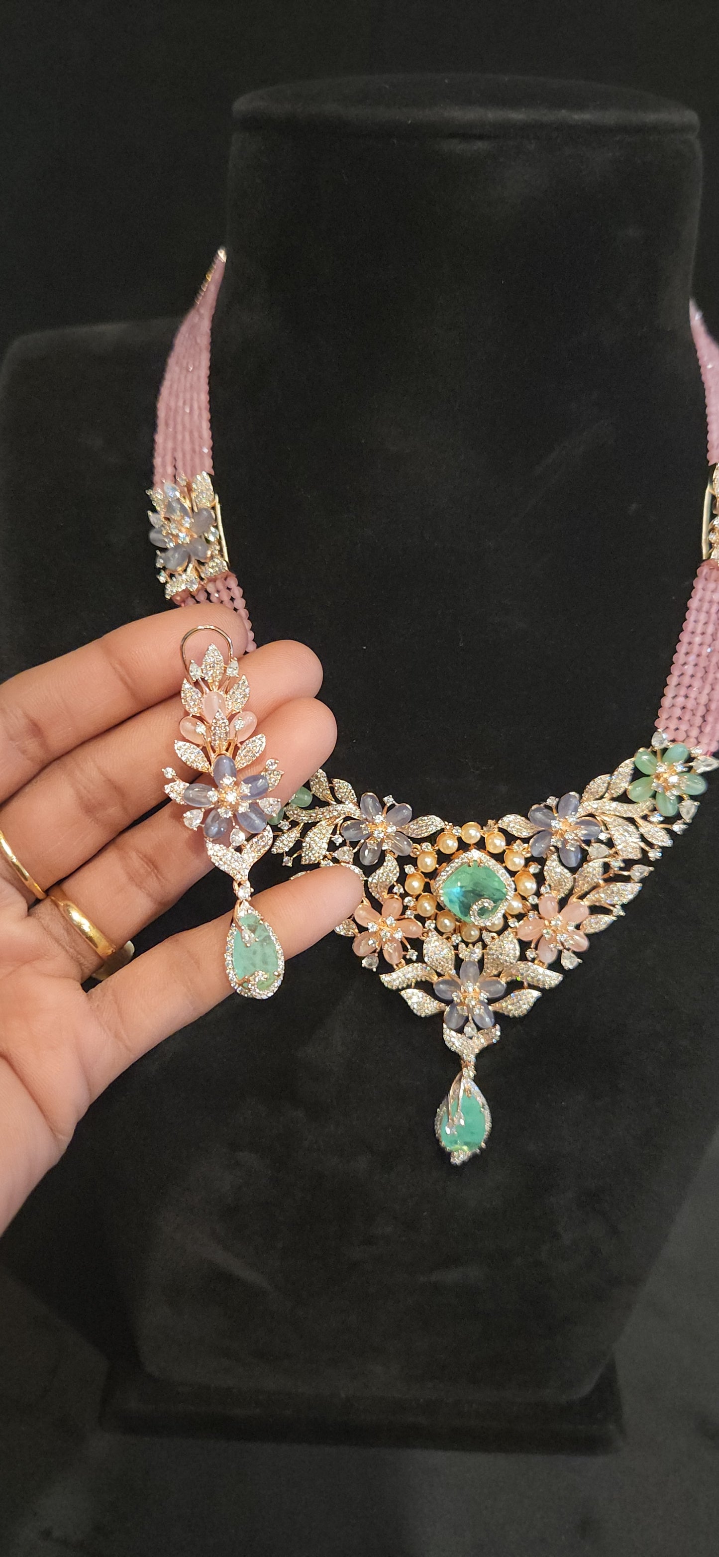 Luxurious Multicolor Floral Necklace Set with pink cz beads