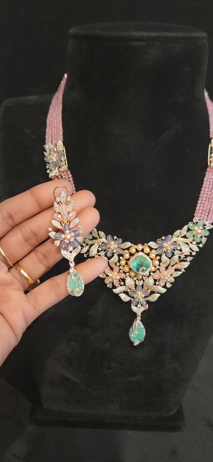 Luxurious Multicolor Floral Necklace Set with pink cz beads