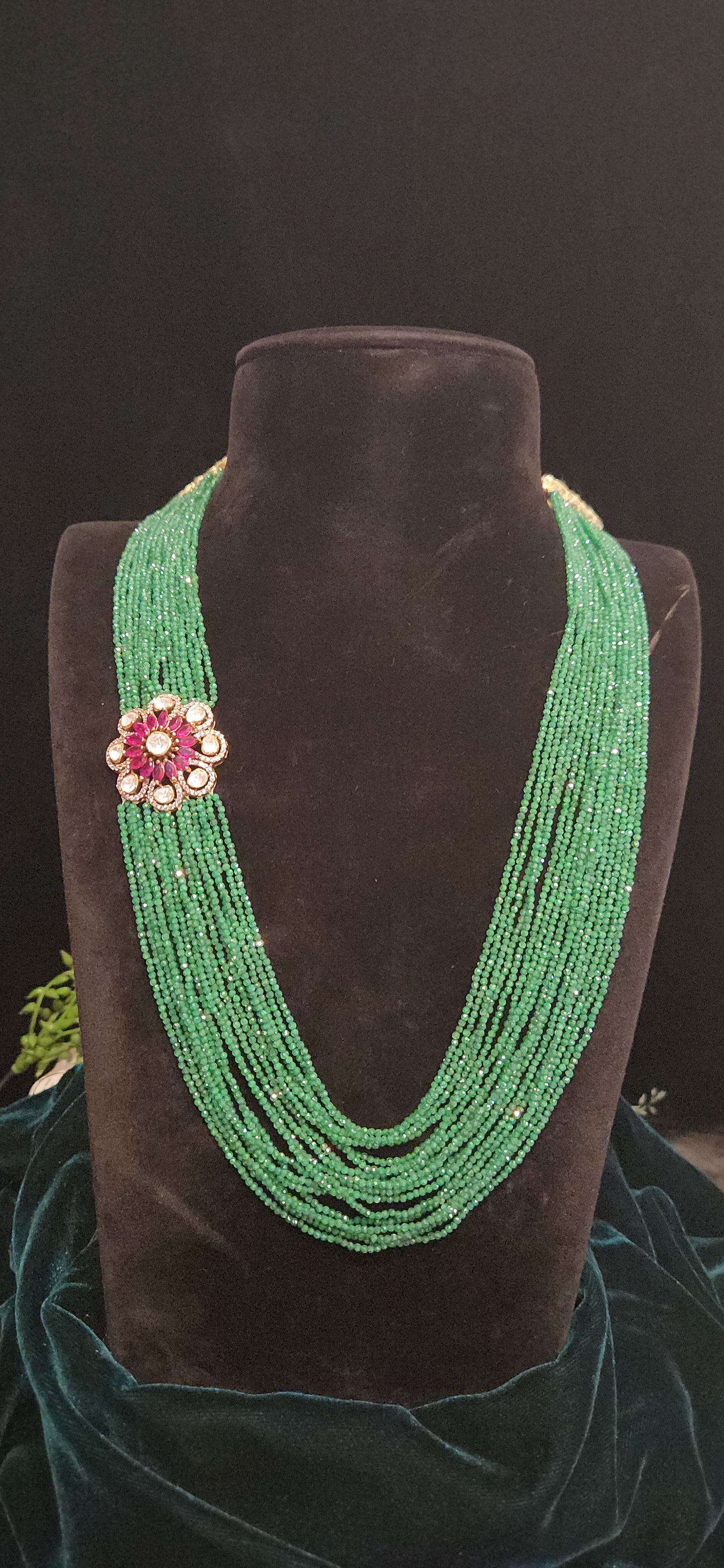 92.5 Silver Emerald Beads Haram With Brooch