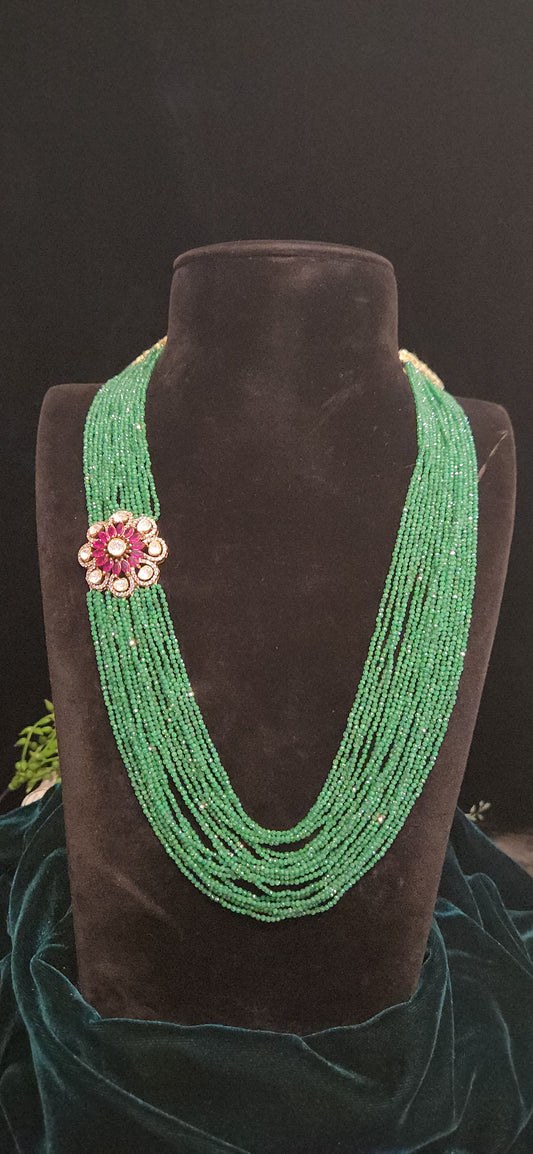 92.5 Silver Emerald Beads Haram With Brooch