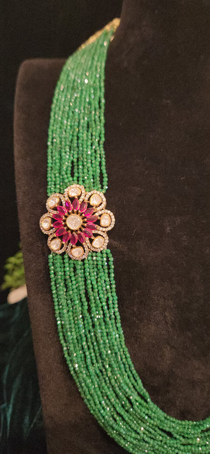 92.5 Silver Emerald Beads Haram With Brooch