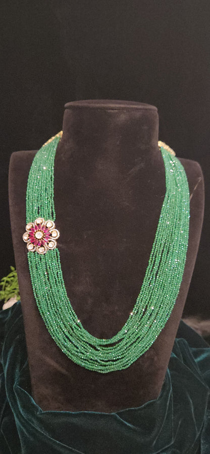 92.5 Silver Emerald Beads Haram With Brooch