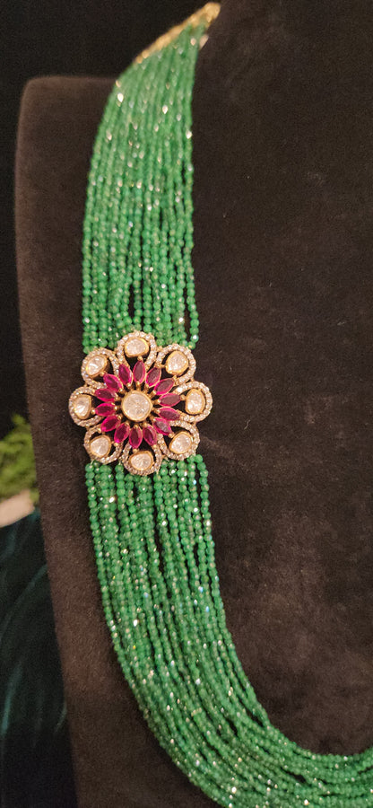 92.5 Silver Emerald Beads Haram With Brooch