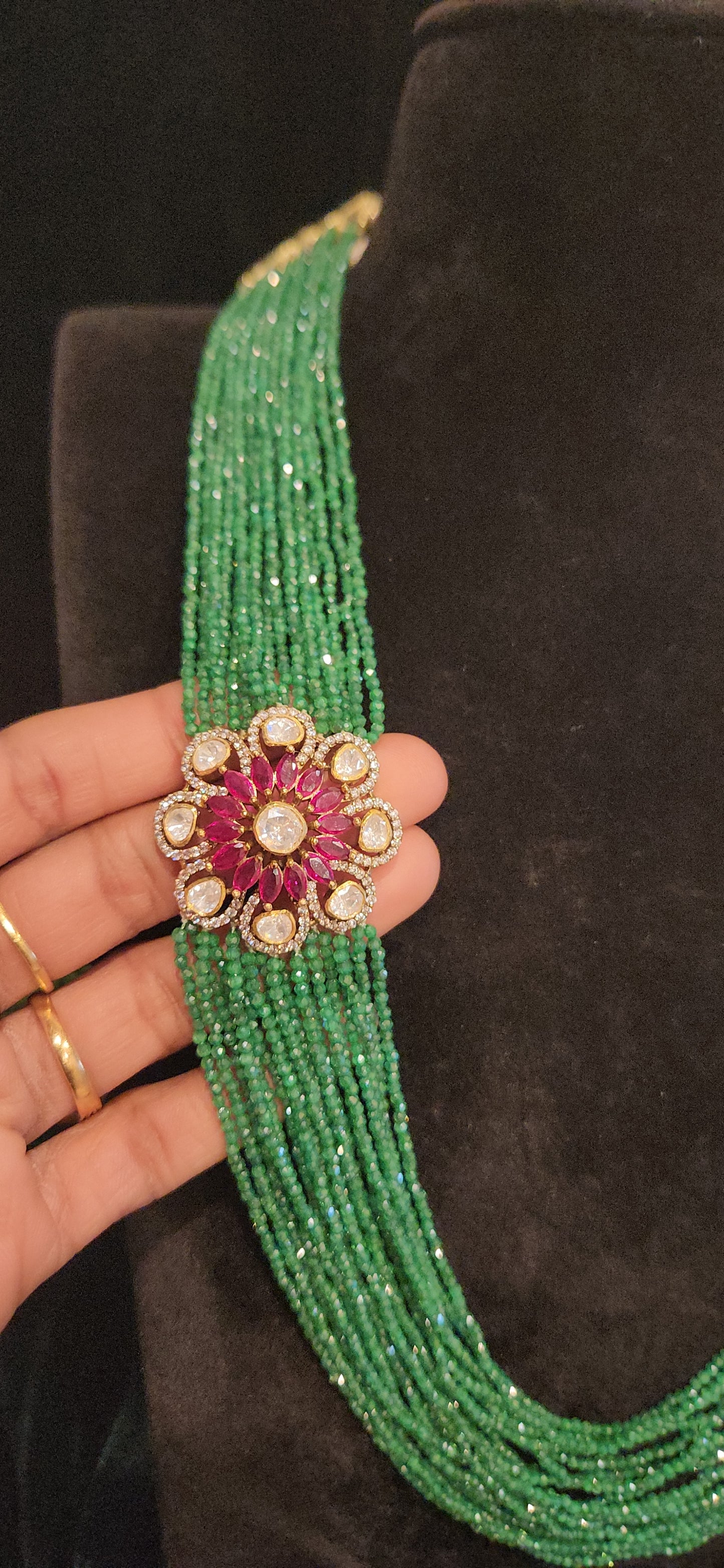 92.5 Silver Emerald Beads Haram With Brooch