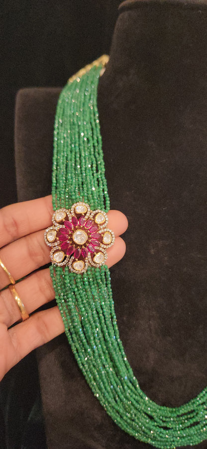 92.5 Silver Emerald Beads Haram With Brooch