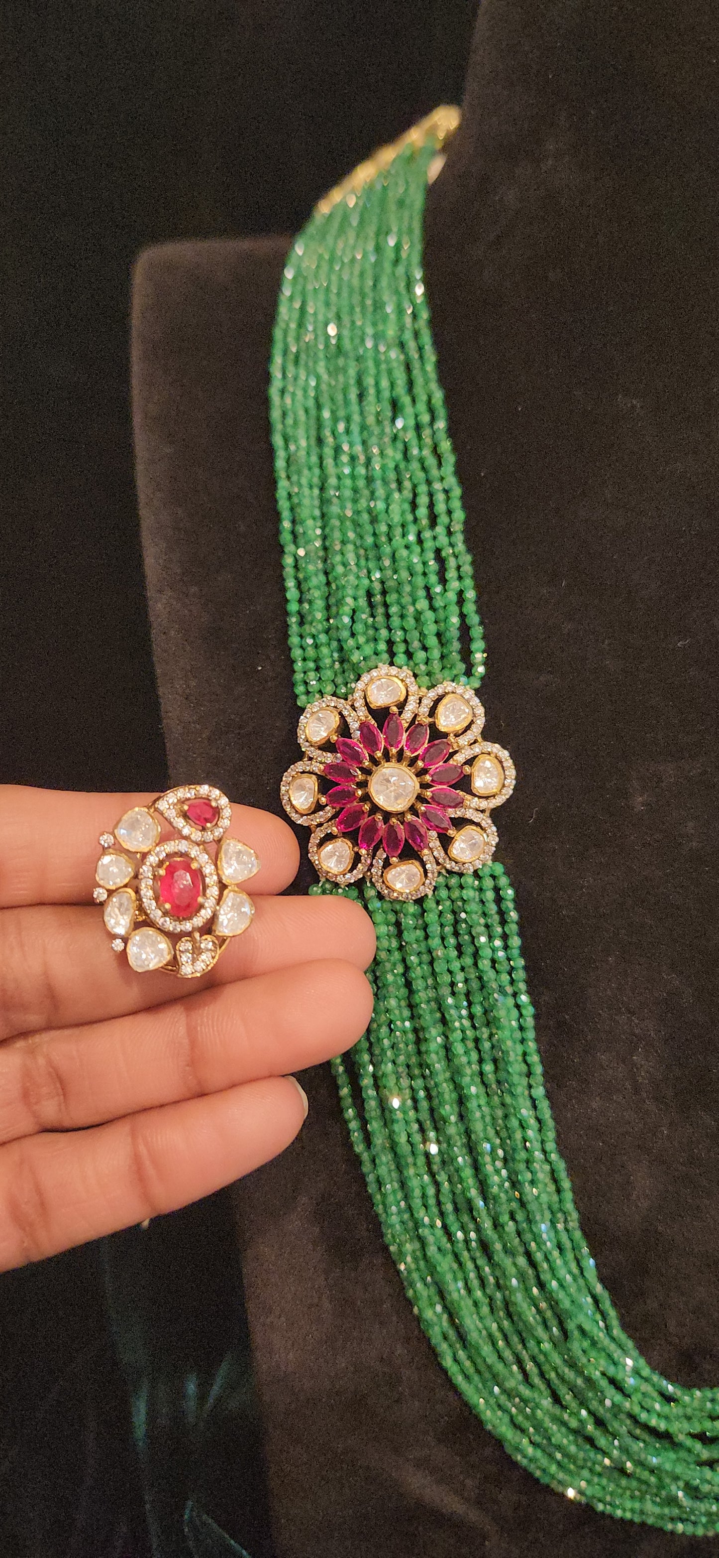 92.5 Silver Emerald Beads Haram With Brooch