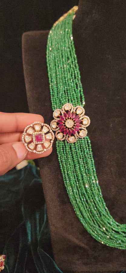 92.5 Silver Emerald Beads Haram With Brooch