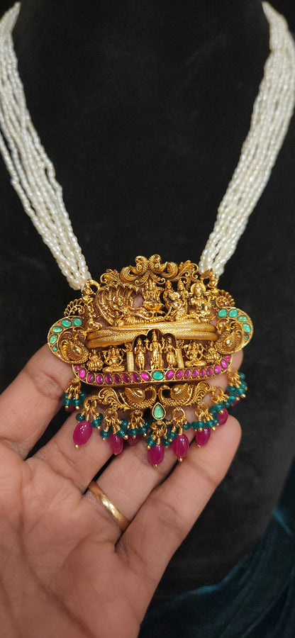 92.5 Silver Dasavatar Temple Pearl Necklace Set