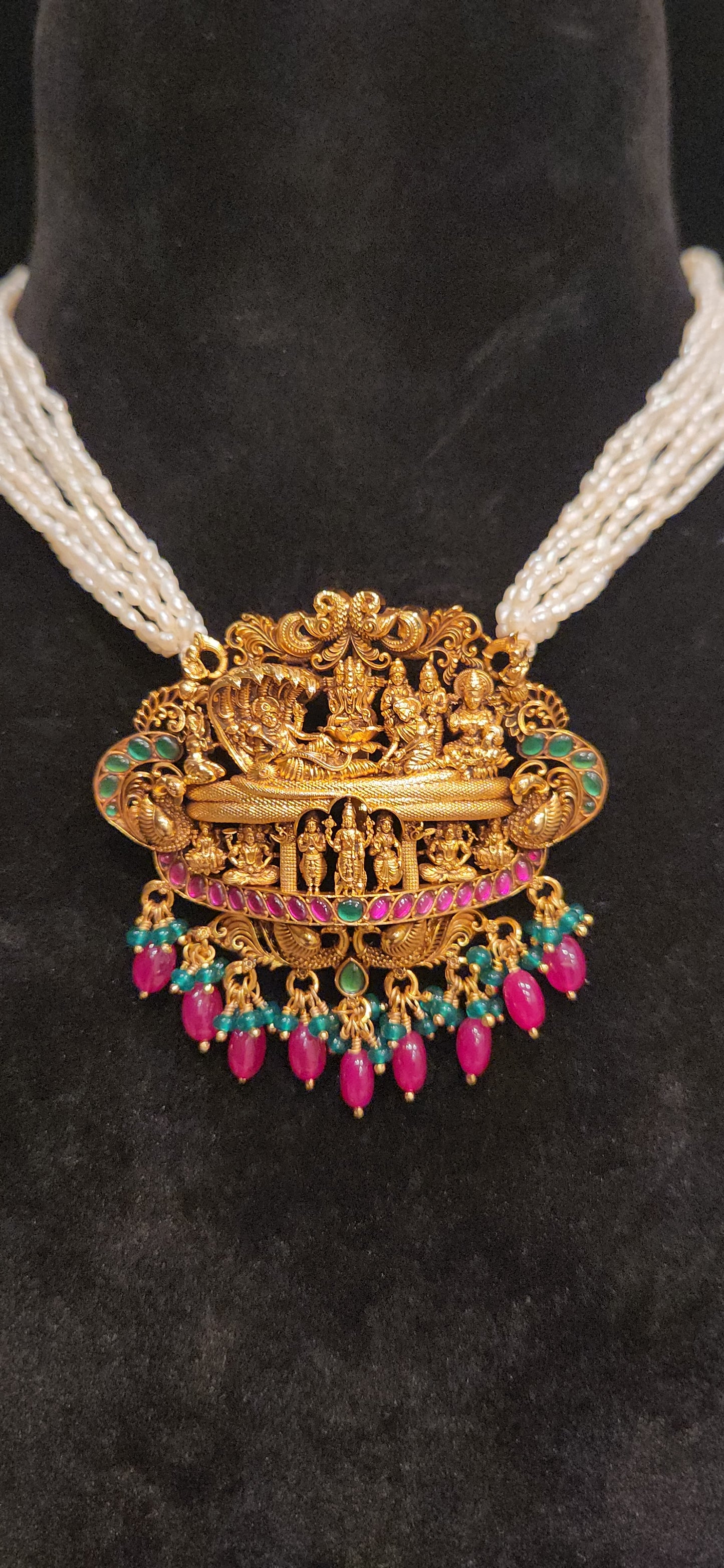 92.5 Silver Dasavatar Temple Pearl Necklace Set