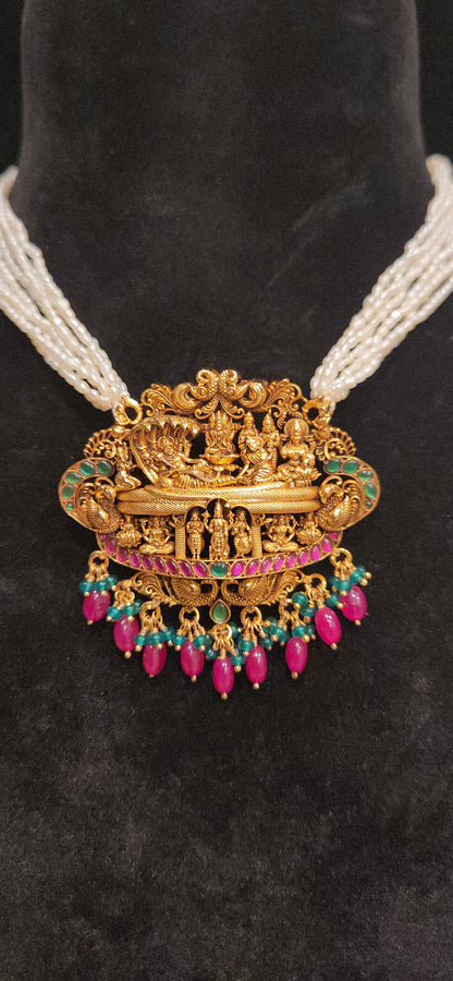 92.5 Silver Dasavatar Temple Pearl Necklace Set