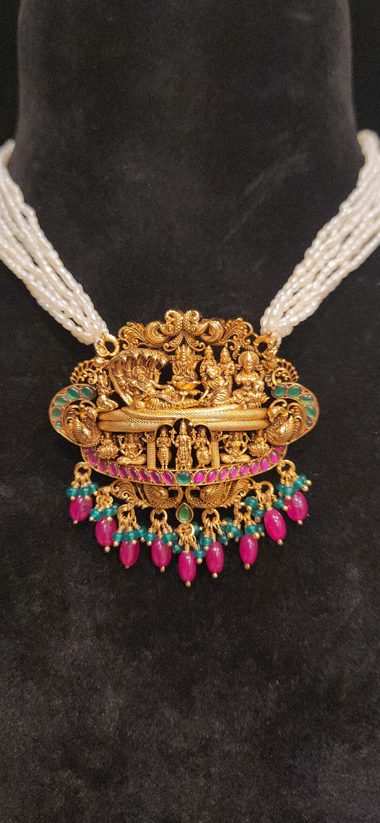 92.5 Silver Dasavatar Temple Pearl Necklace Set