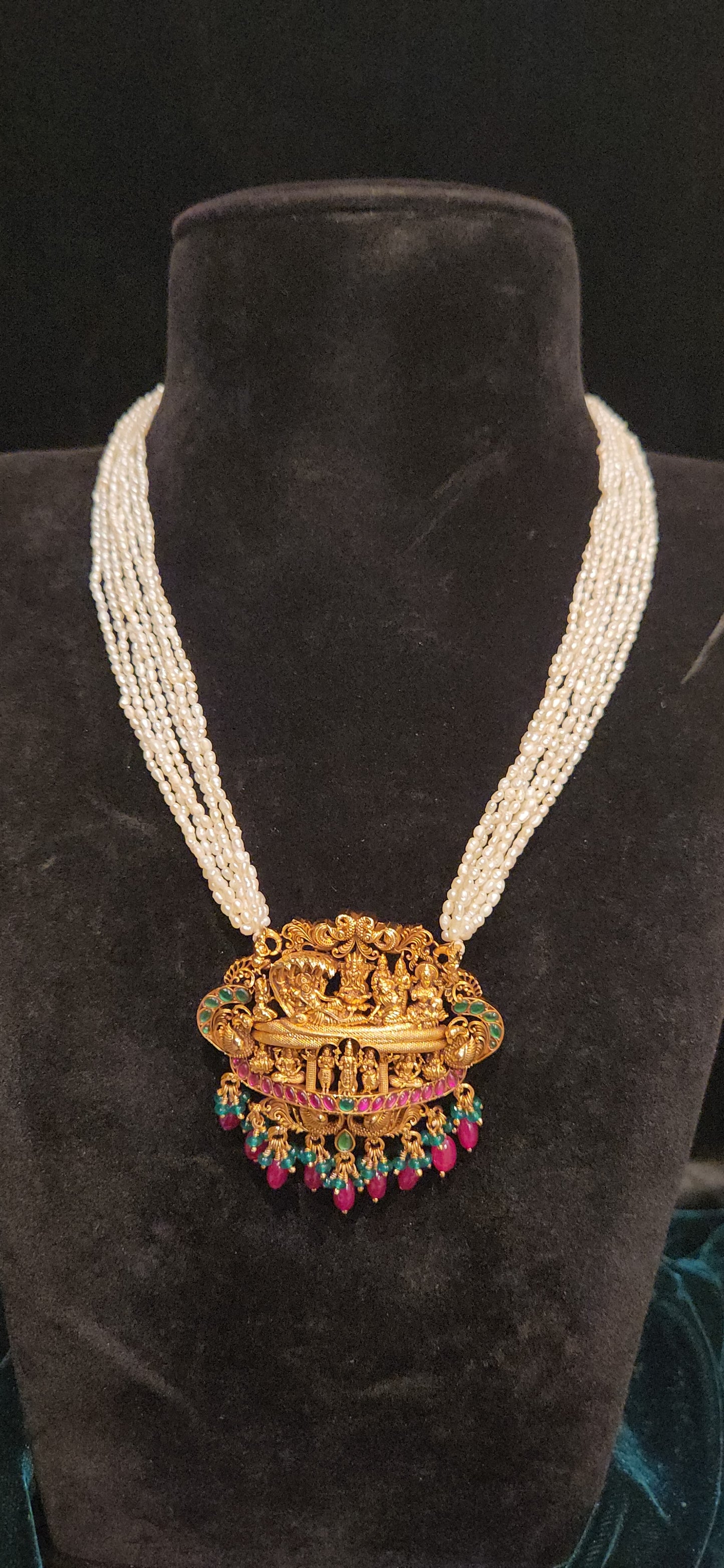 92.5 Silver Dasavatar Temple Pearl Necklace Set