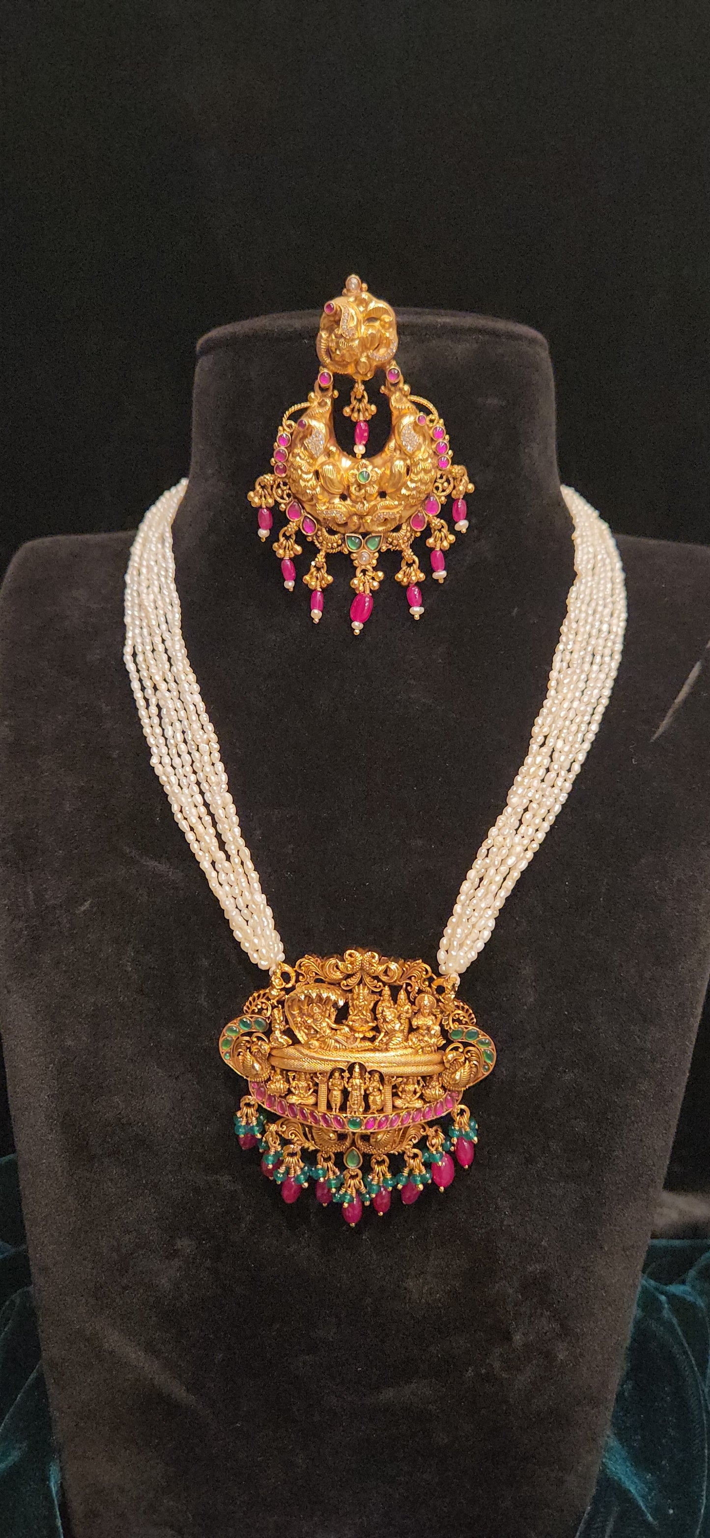 92.5 Silver Dasavatar Temple Pearl Necklace Set