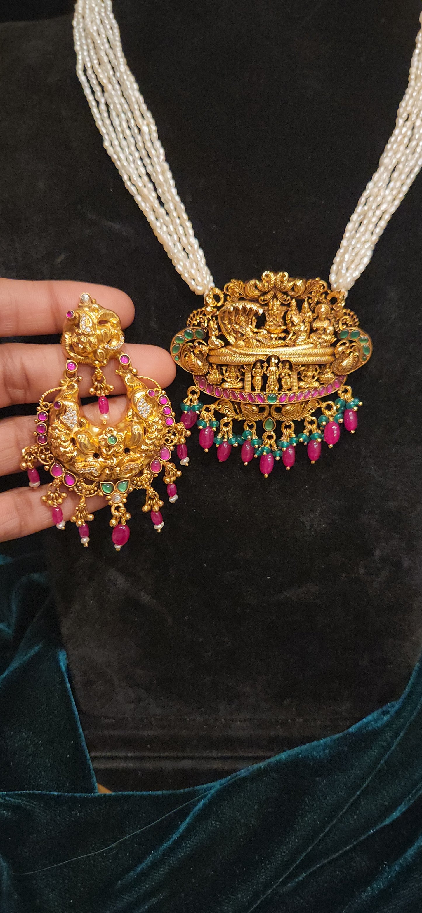 92.5 Silver Dasavatar Temple Pearl Necklace Set