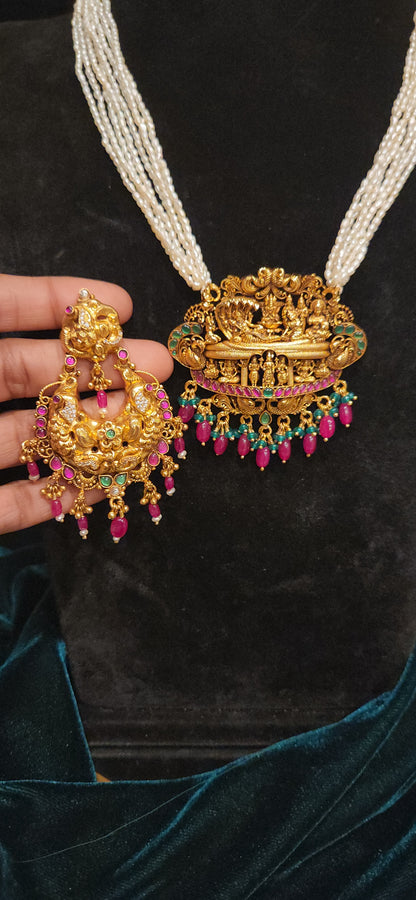 92.5 Silver Dasavatar Temple Pearl Necklace Set