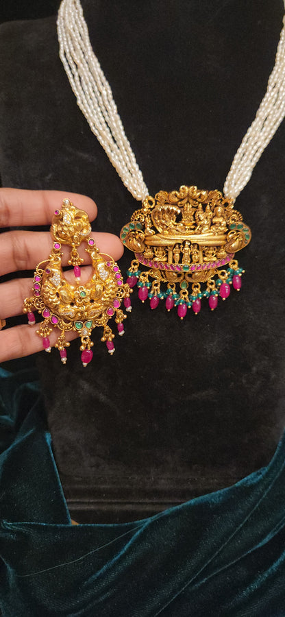 92.5 Silver Dasavatar Temple Pearl Necklace Set