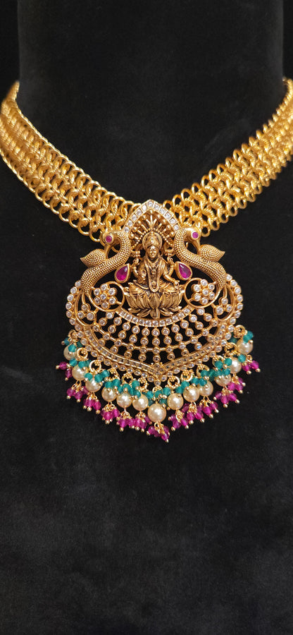 92.5 Silver Lakshmi Peacock Mesh Chain Necklace with Pearl Drops