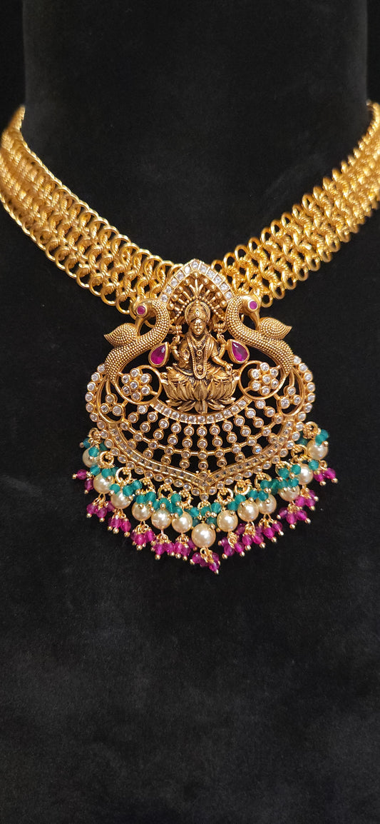 92.5 Silver Lakshmi Peacock Mesh Chain Necklace with Pearl Drops