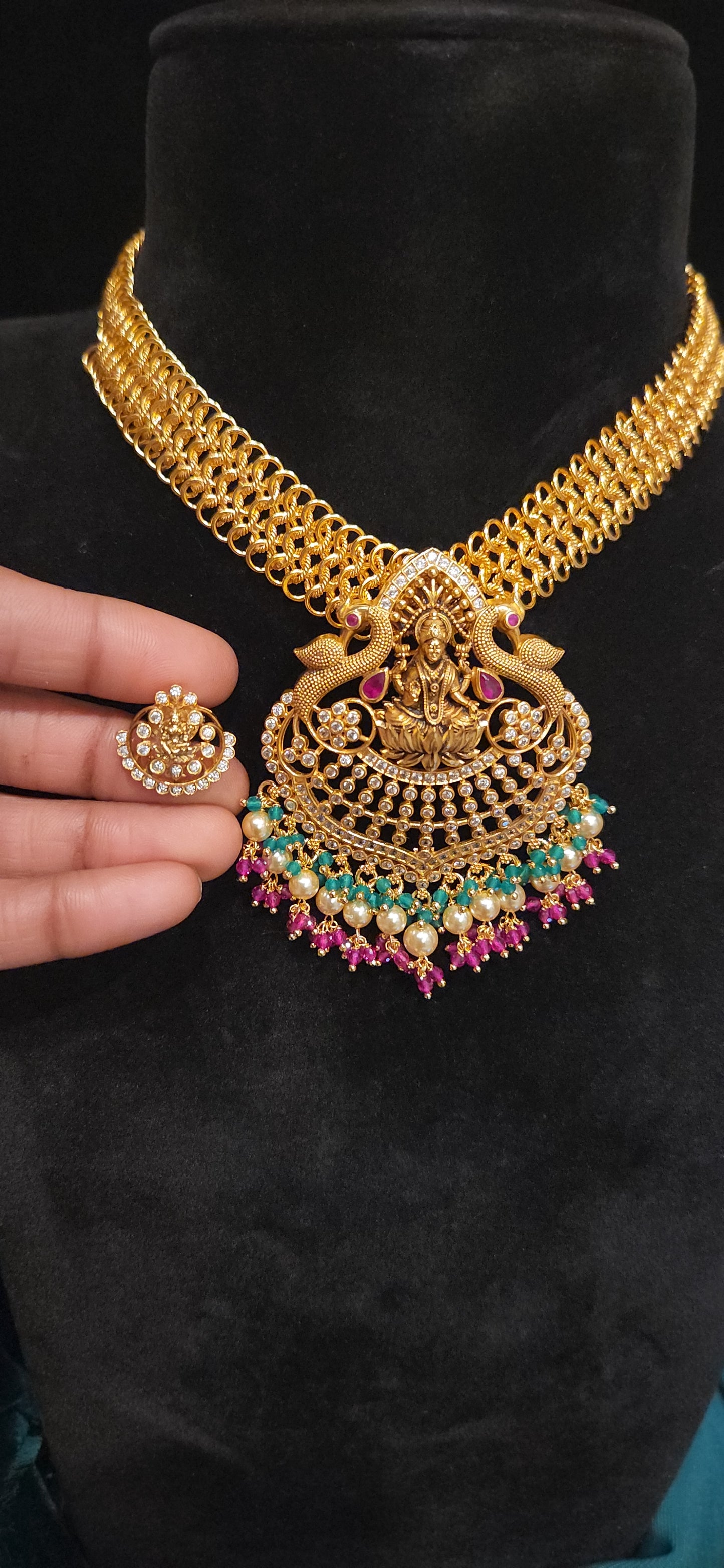 92.5 Silver Lakshmi Peacock Mesh Chain Necklace with Pearl Drops