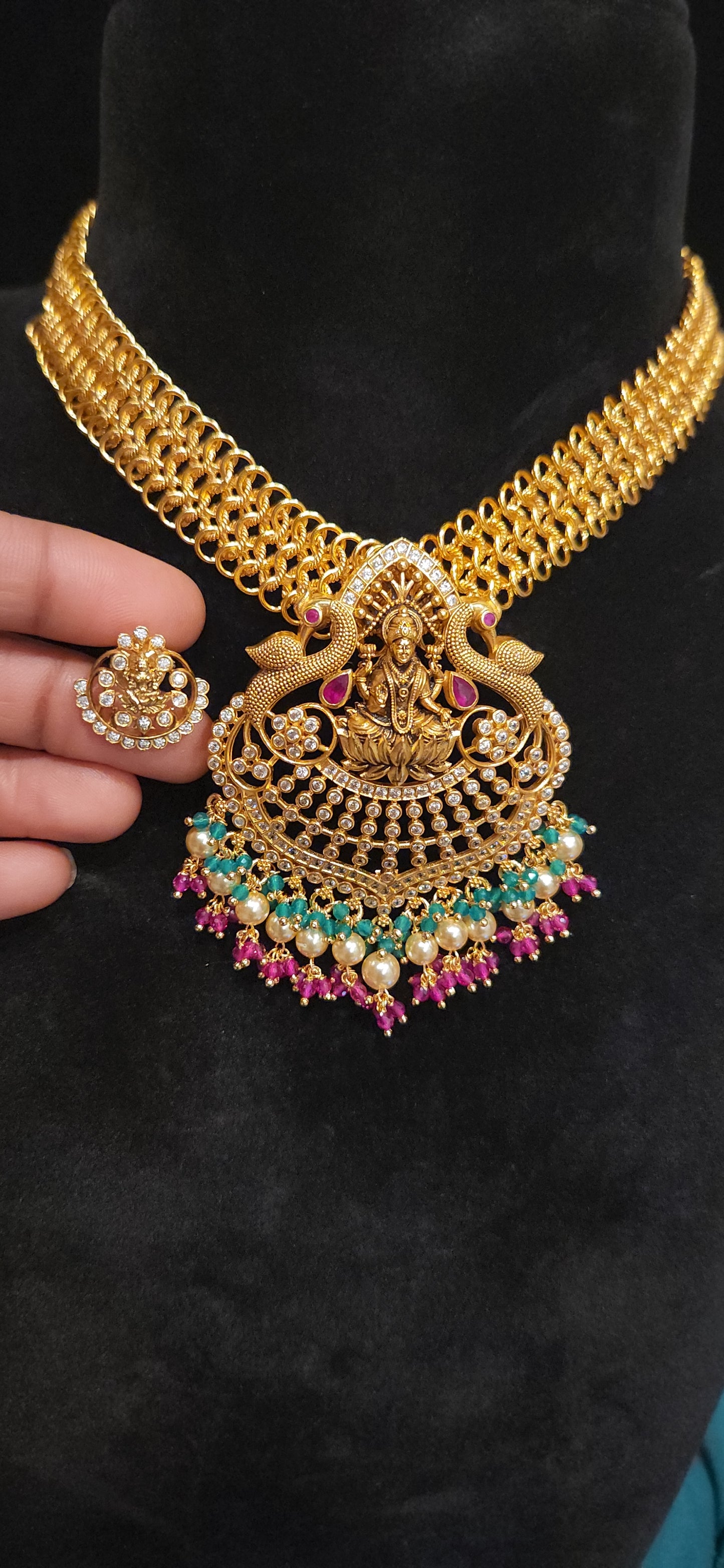 92.5 Silver Lakshmi Peacock Mesh Chain Necklace with Pearl Drops