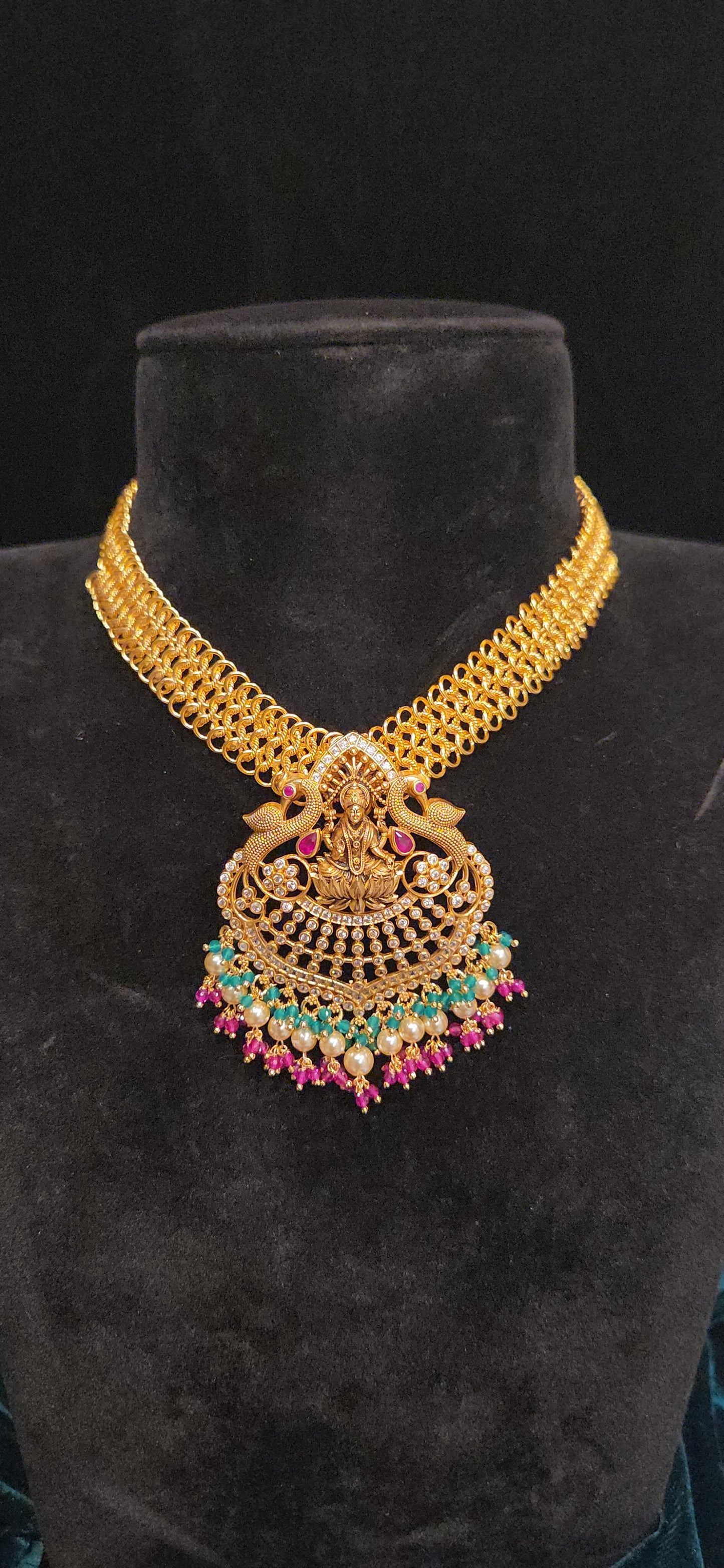 92.5 Silver Lakshmi Peacock Mesh Chain Necklace with Pearl Drops
