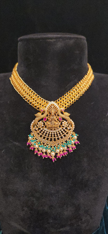 92.5 Silver Lakshmi Peacock Mesh Chain Necklace with Pearl Drops