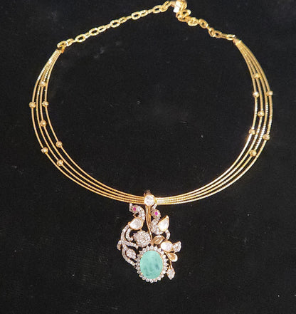 Elegant 92.5 Silver Emerald Floral Pendant Necklace