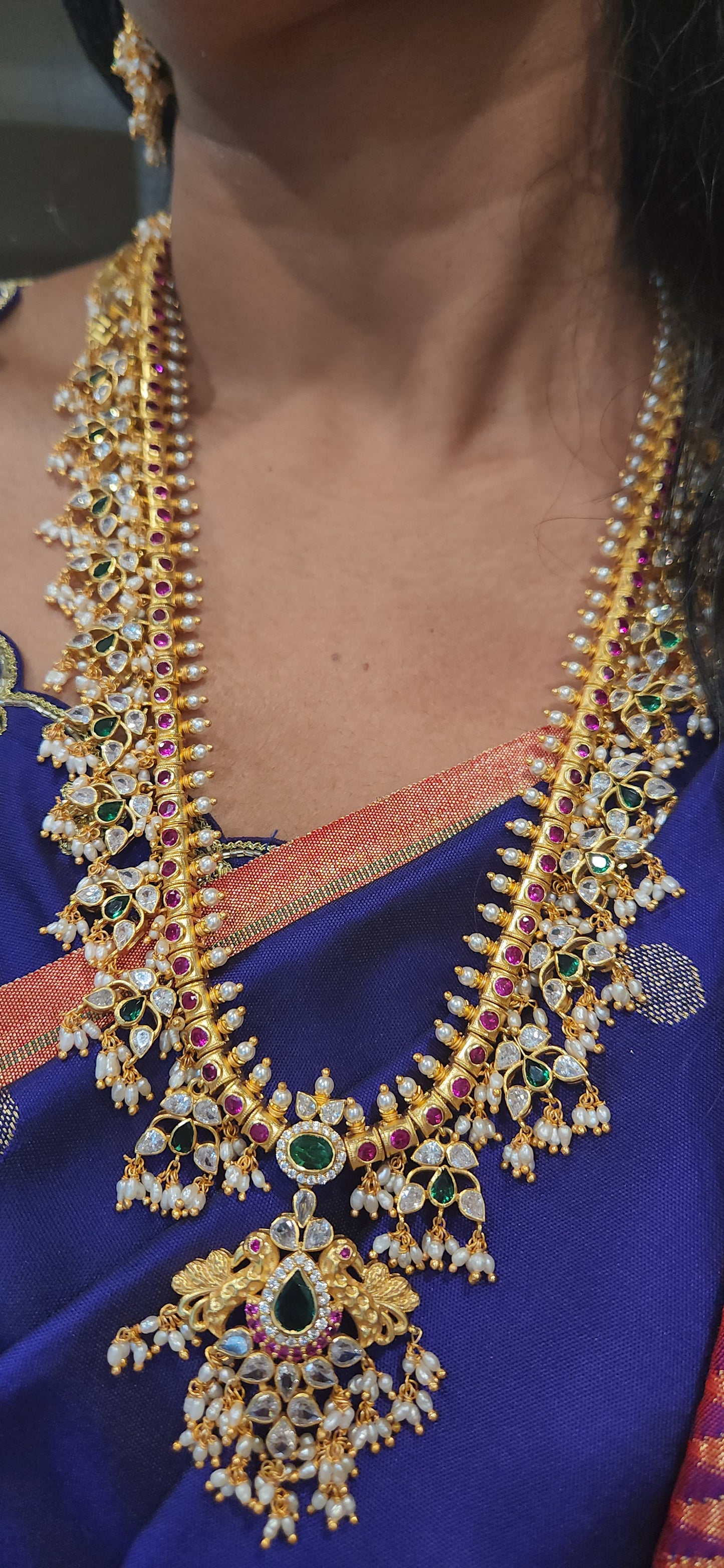 Grand 92.5 Silver Emerald Kundan Pearl Haram set