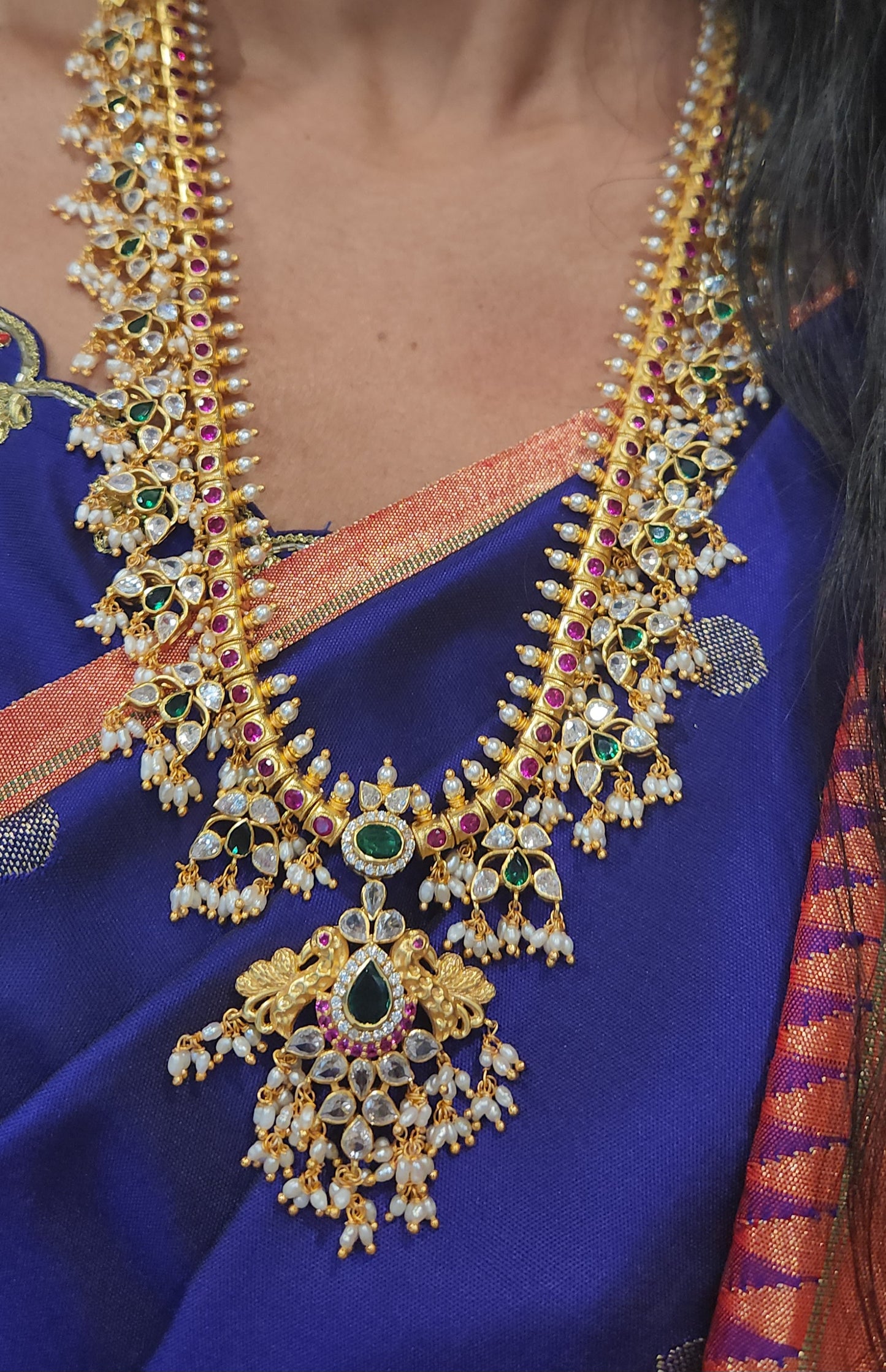 Grand 92.5 Silver Emerald Kundan Pearl Haram set