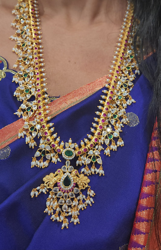 Grand 92.5 Silver Emerald Kundan Pearl Haram set