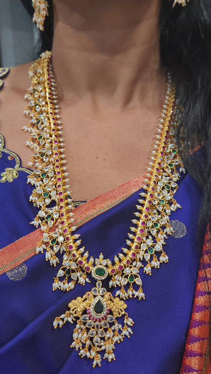 Grand 92.5 Silver Emerald Kundan Pearl Haram set