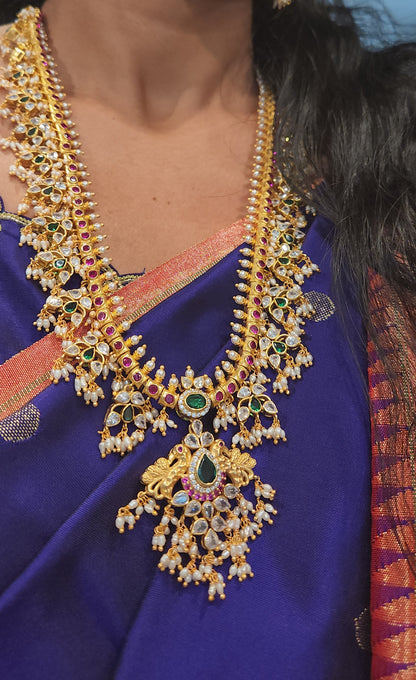 Grand 92.5 Silver Emerald Kundan Pearl Haram set