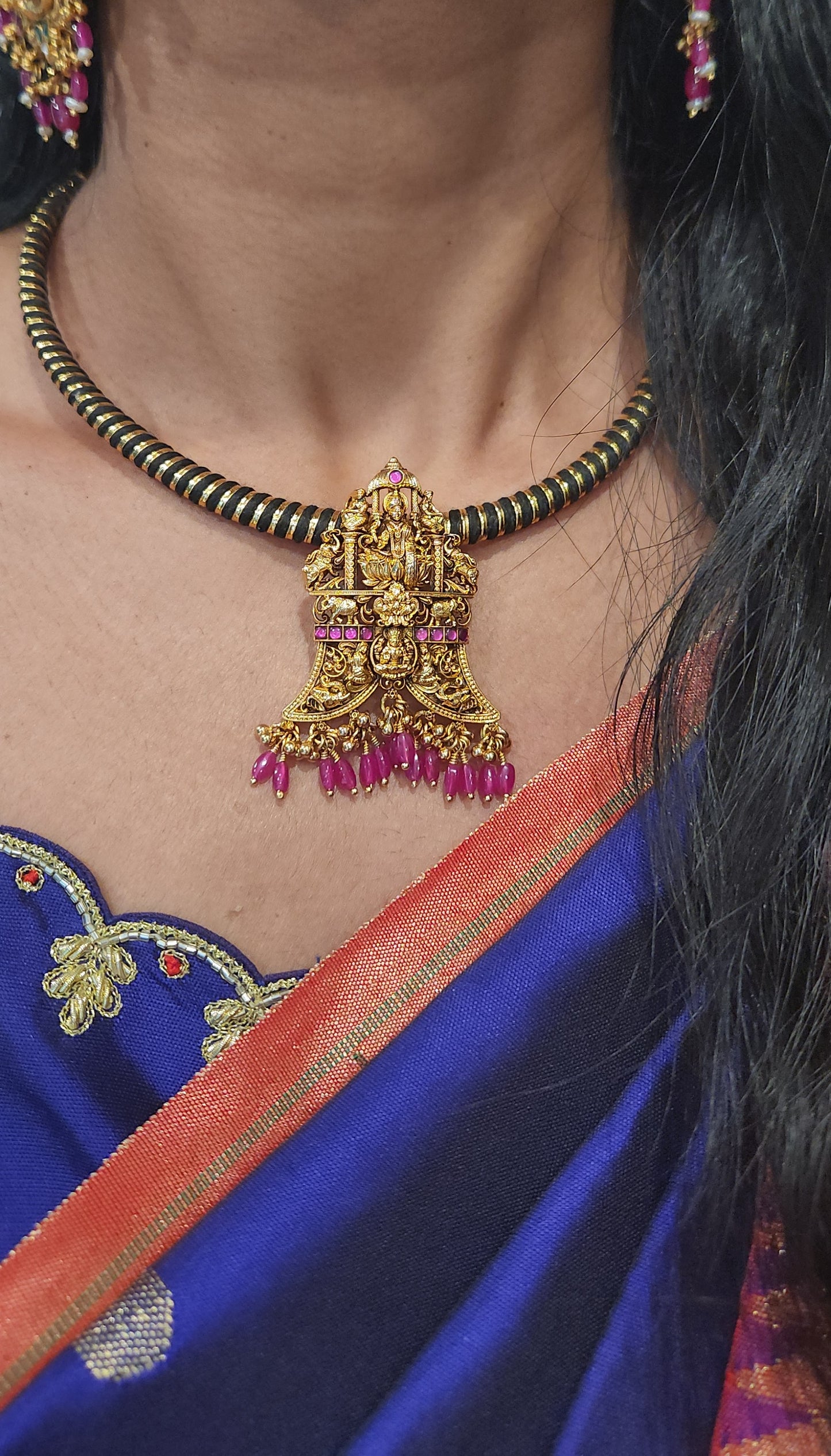 Handcrafted 92.5 Silver Lakshmi Temple Necklace with Pink Bead Drops