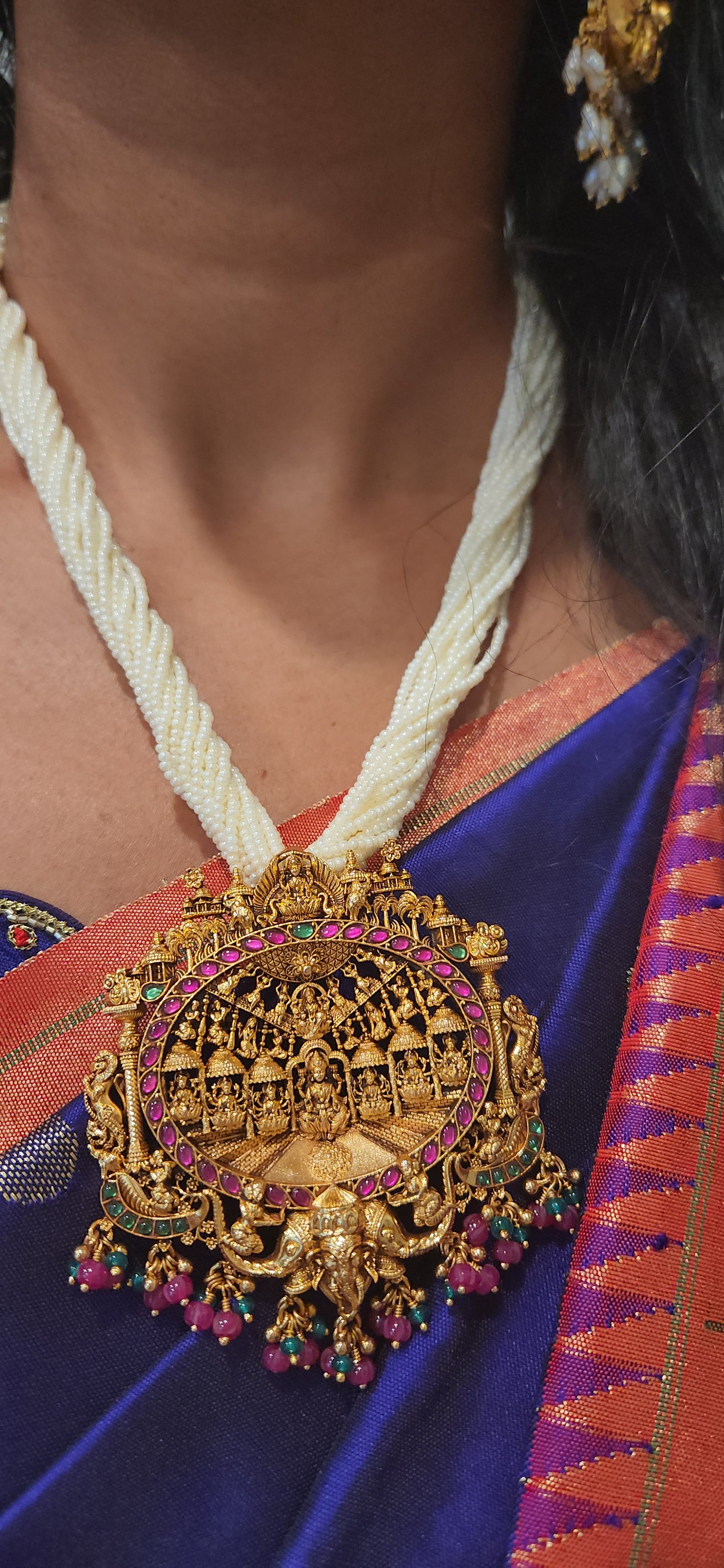 Handcrafted 92.5 Silver Temple Haram with Ashta Lakshmi Motif & Pearl Bead Strands