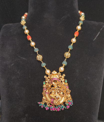 92.5 Silver Krishna Peacock Pendant with Multicolor Beaded Necklace