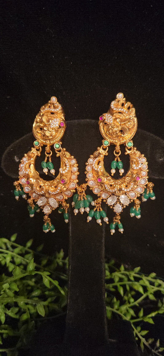 92.5 Silver Nakshi Peacock Chandbali Earrings with Green Drops