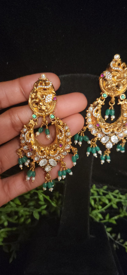 92.5 Silver Nakshi Peacock Chandbali Earrings with Green Drops
